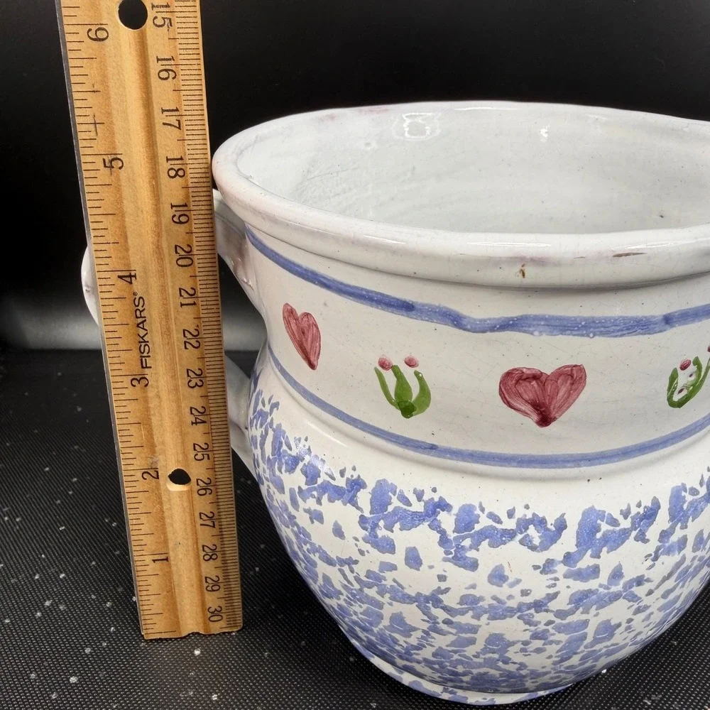 Vintage MM Portugal Hand Painted Terracotta Pitcher Blue‎ Sponge Heart Folk Art